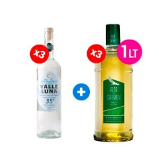 Pack 3 Botellas de Pisco Valle Luna Transparente Doble Destilado 35g 750 cc + 3 Botellas de Pisco Alto del Carmen  35g de 1lt ($4.990)