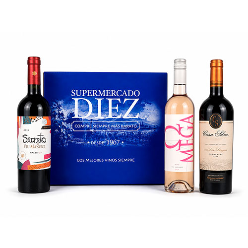 Mix de 3 vinos un Malbec, un Rose y un Carmenere + caja para regalo Supermercado Diez Mix de 3 vinos un Malbec, un Rose y un Carmenere + caja para regalo Supermercado Diez