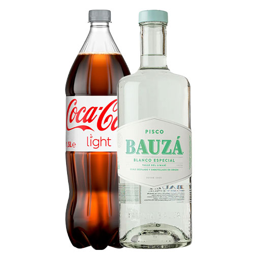 Pack Pisco Bauzá Blanco Especial Transparente doble destilado 35° 1.000 cc + Coca-Cola light 1.5lt Pack Pisco Bauzá Blanco Especial Transparente doble destilado 35° 1.000 cc + Coca-Cola light 1.5lt