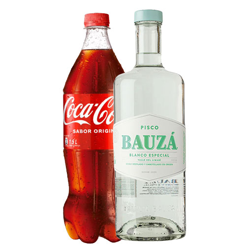 Pack Pisco Bauzá Blanco Especial Transparente doble destilado 35° 1.000 cc + Coca-Cola Normal 1.5lt Pack Pisco Bauzá Blanco Especial Transparente doble destilado 35° 1.000 cc + Coca-Cola Normal 1.5lt