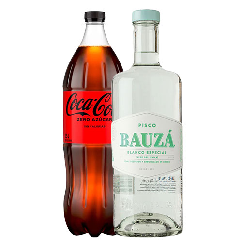 Pack Pisco Bauzá Blanco Especial Transparente doble destilado 35° 1.000 cc + Coca-Cola Zero 1.5lt Pack Pisco Bauzá Blanco Especial Transparente doble destilado 35° 1.000 cc + Coca-Cola Zero 1.5lt