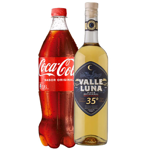 Pack Pisco Valle Luna 35° envejecido 750cc + Coca-Cola Normal 1.5lt Pack Pisco Valle Luna 35° envejecido 750cc + Coca-Cola Normal 1.5lt