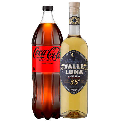 Pack Pisco Valle Luna 35° envejecido 750cc + Coca-Cola Zero 1.5lt Pack Pisco Valle Luna 35° envejecido 750cc + Coca-Cola Zero 1.5lt