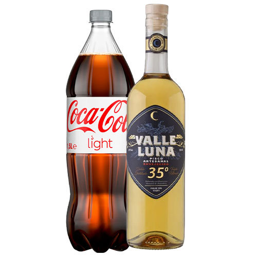 Pack Pisco Valle Luna 35° envejecido 750cc + Coca-Cola light 1.5lt Pack Pisco Valle Luna 35° envejecido 750cc + Coca-Cola light 1.5lt