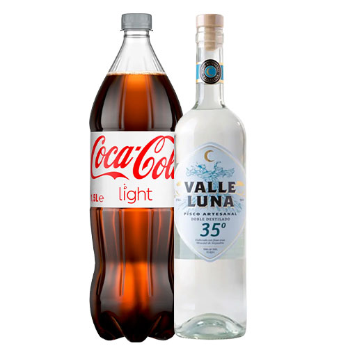 Pack Pisco Artesanal Valle Luna doble destilado 35° + Coca-Cola light 1.5lt Pack Pisco Artesanal Valle Luna doble destilado 35° + Coca-Cola light 1.5lt