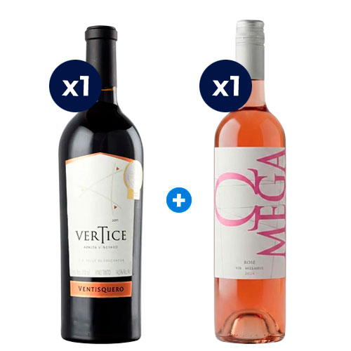 Pack de 1 Botella de Vino Ventisquero Vertice Ensamblaje + 1 botella de Vino Omega Rosé de Viña Vik de Regalo Pack de 1 Botella de Vino Ventisquero Vertice Ensamblaje + 1 botella de Vino Omega Rosé de Viña Vik de Regalo